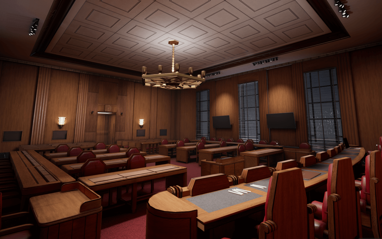 A 3D re-creation of the courtroom, used in-game.