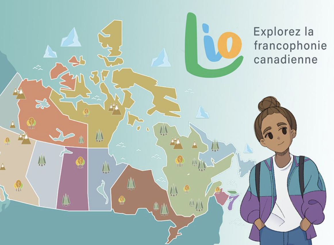 Map of Canada with various regions highlighted. A young character stands in front, wearing a purple and teal jacket, with a backpack. Text in reads "Explorez la francophonie canadienne." The 'Lio' logo is displayed in colorful letters.