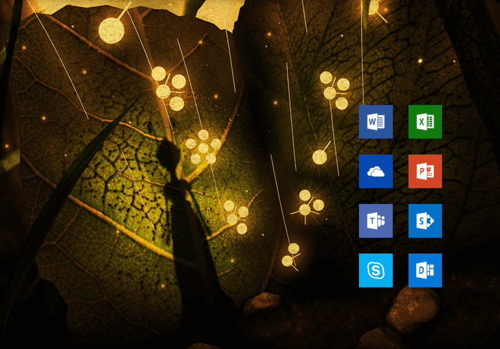 Close-up view of a leaf with a shadow of a bee on it, illuminated by golden light, with digital icons of Microsoft Office applications on the right side.