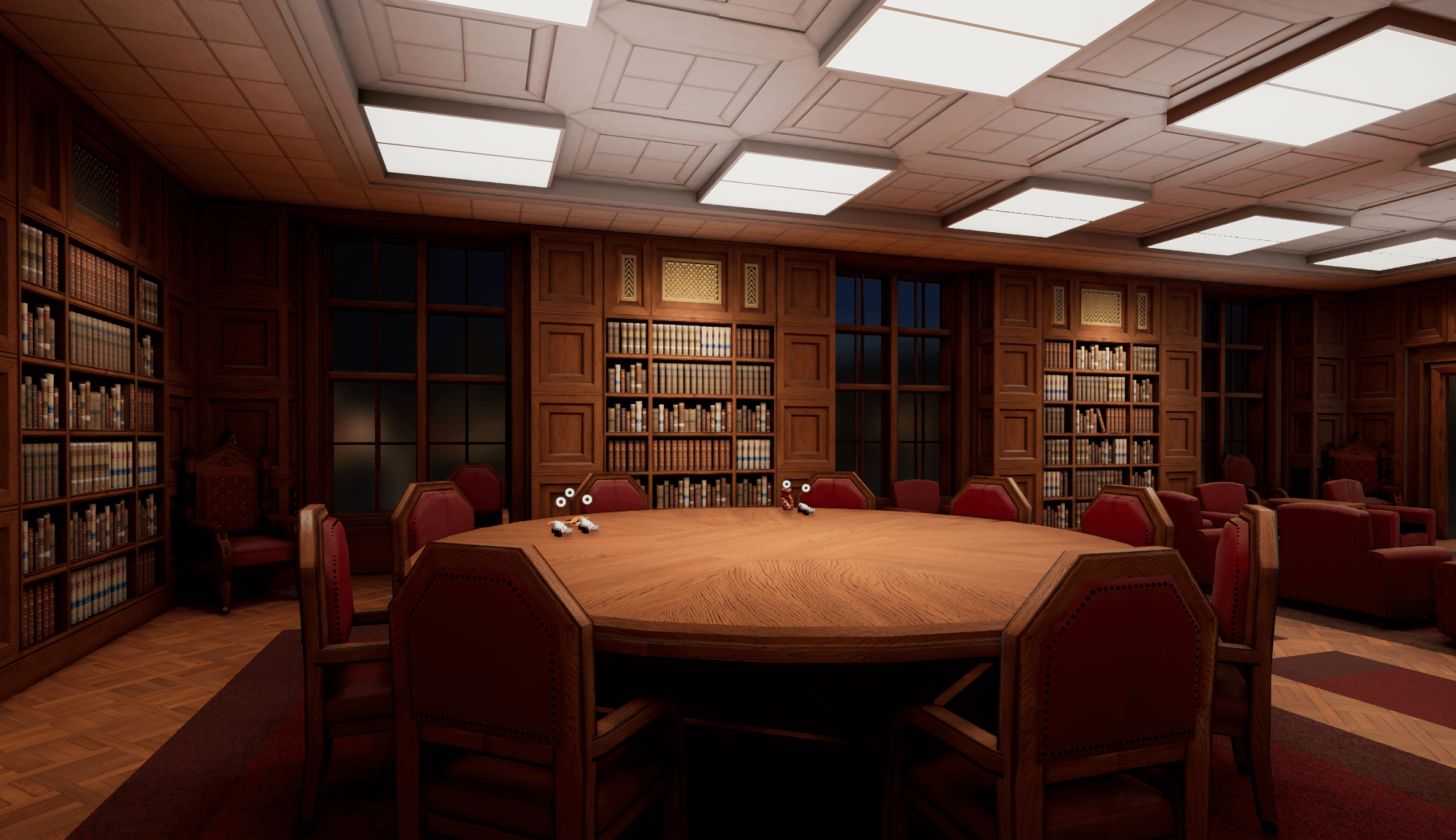 A 3D re-creation of the Deliberation Room, featuring a table with multiple chairs around it. Used in-game.
