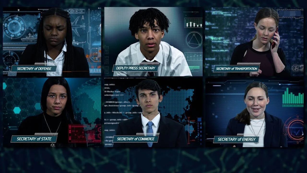 Six young government officials in a virtual meeting, labeled as Secretary of Defense, Deputy Press Secretary, Secretary of Transportation, Secretary of State, Secretary of Commerce, and Secretary of Energy, with digital backgrounds and holographic graphics.