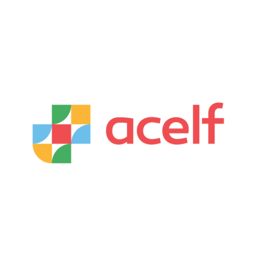 Logo of Acelf with a colorful geometric design and the word 'acelf' in red text.