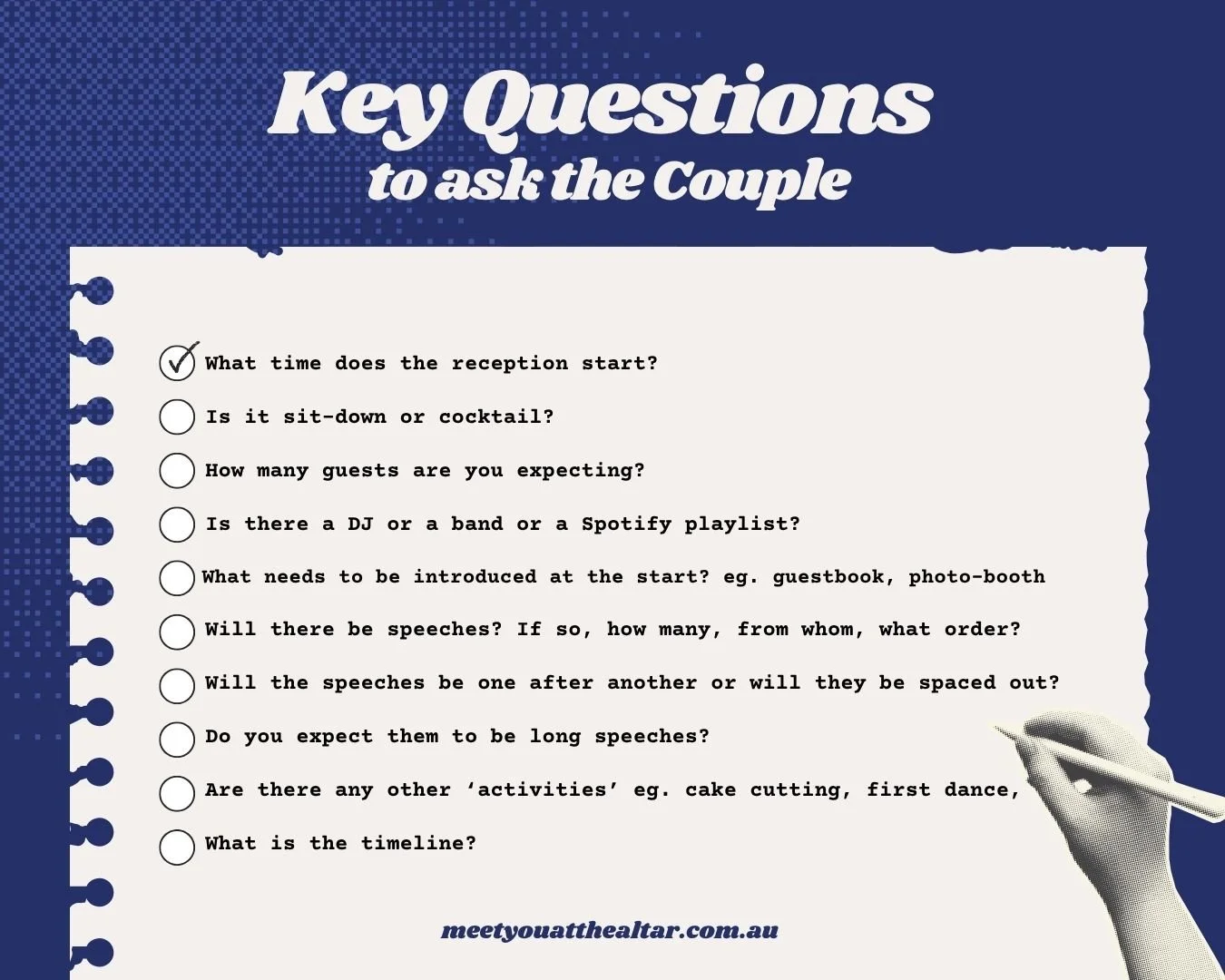 Checklist for wedding MCs with key questions to ask the couple, including reception timing, speeches, music, and timeline