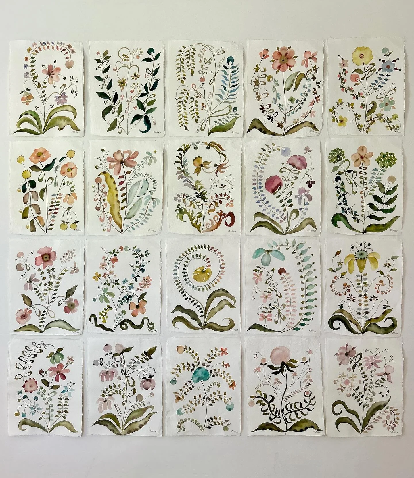 GRAVES INTO GARDENS(II) 
40 original watercolor pieces, all 12x16 on cream colored handmade paper (20 in first photo, 20 in second photo), posting individually on my story- all available, message me to purchase!