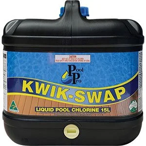 Black 15L Drum of liquid pool chlorine, Pool Pro Products brand titled Kwik-Swap
