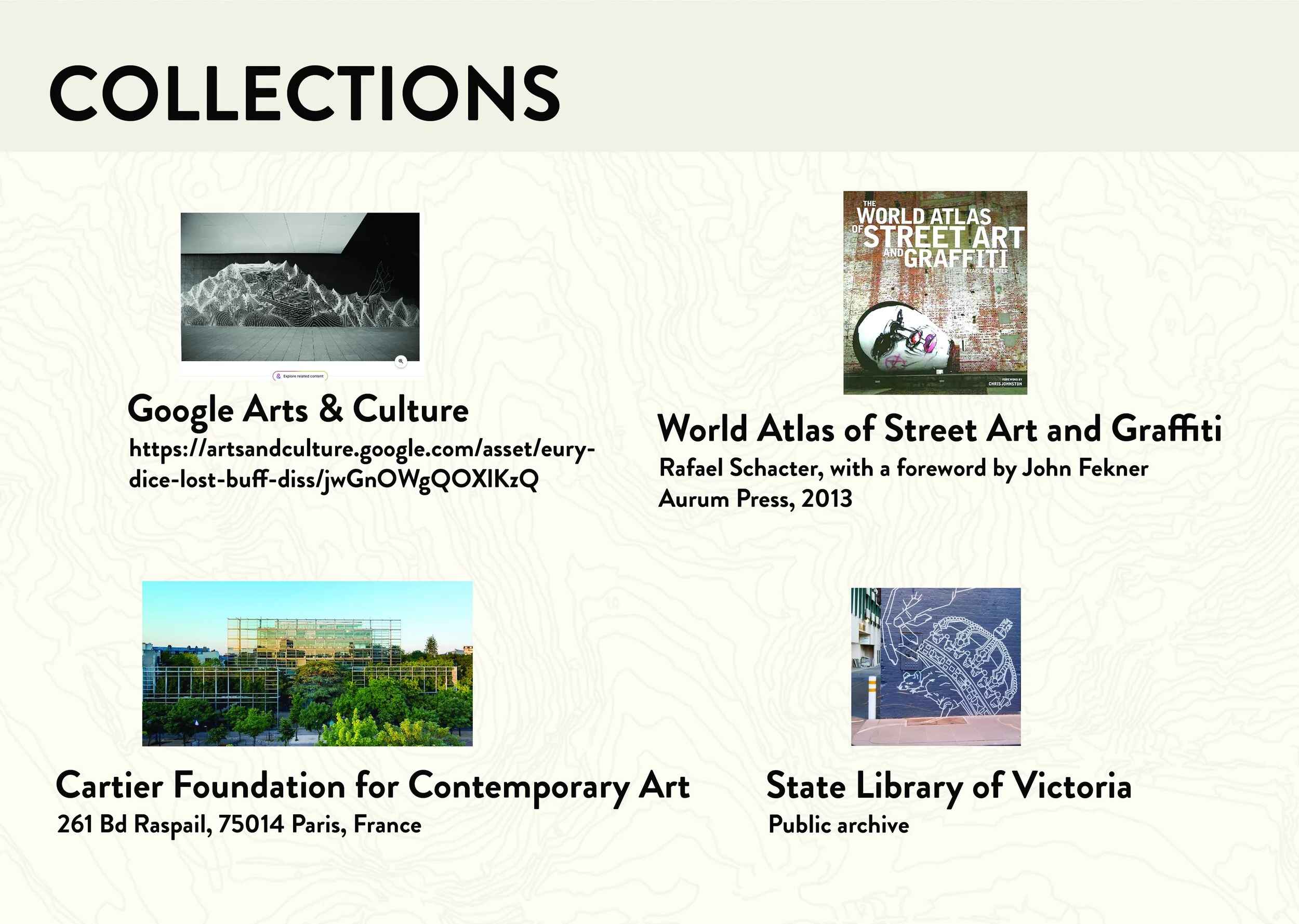 A collage of four images showcasing different art collections. Top left: a digital landscape art piece; top right: book cover titled 'World Atlas of Street Art and Graffiti'; bottom left: photo of a modern building surrounded by greenery; bottom righ