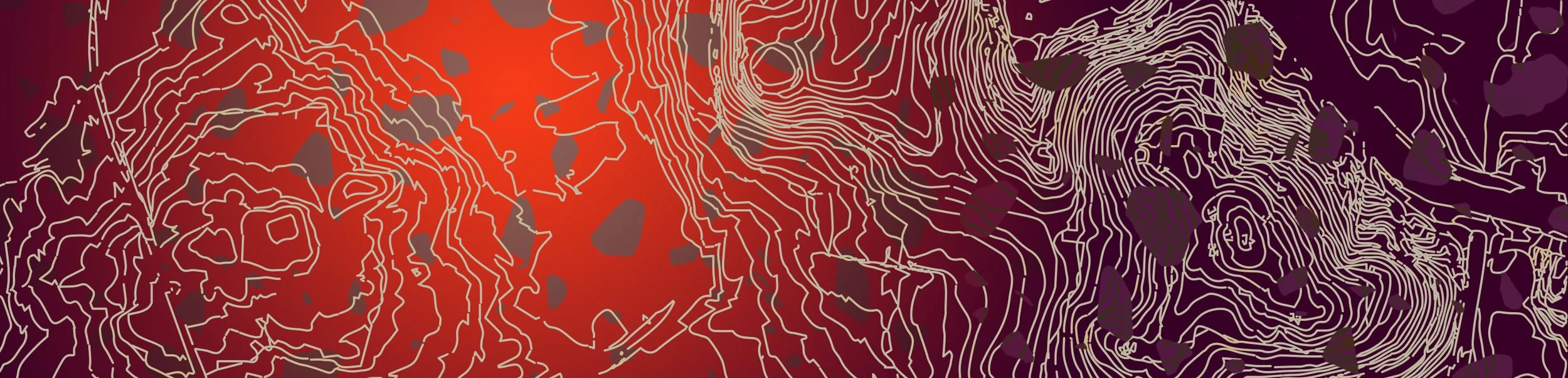 Abstract topographic map with contour lines in shades of red, orange, purple, and black, featuring black and gray irregular shapes scattered across.