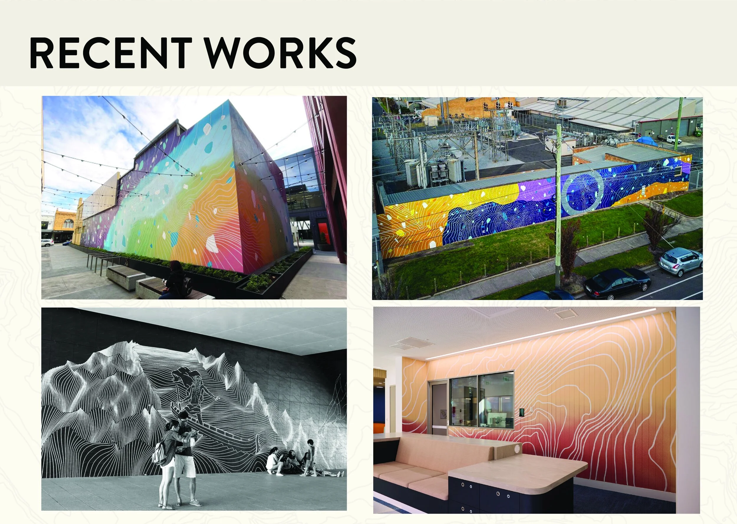 Collage of four images showcasing recent mural and interior wall art projects: top left features a colorful mural on a building exterior, top right shows a mural with geodesic pattern on an industrial building wall, bottom left depicts a black and wh