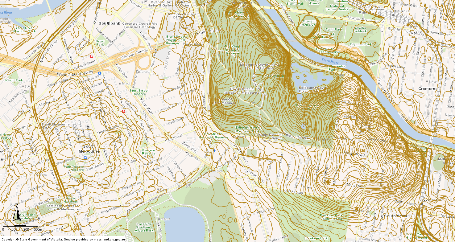 Topographic map of South Melbourne area with streets, parks, and surrounding landmarks.