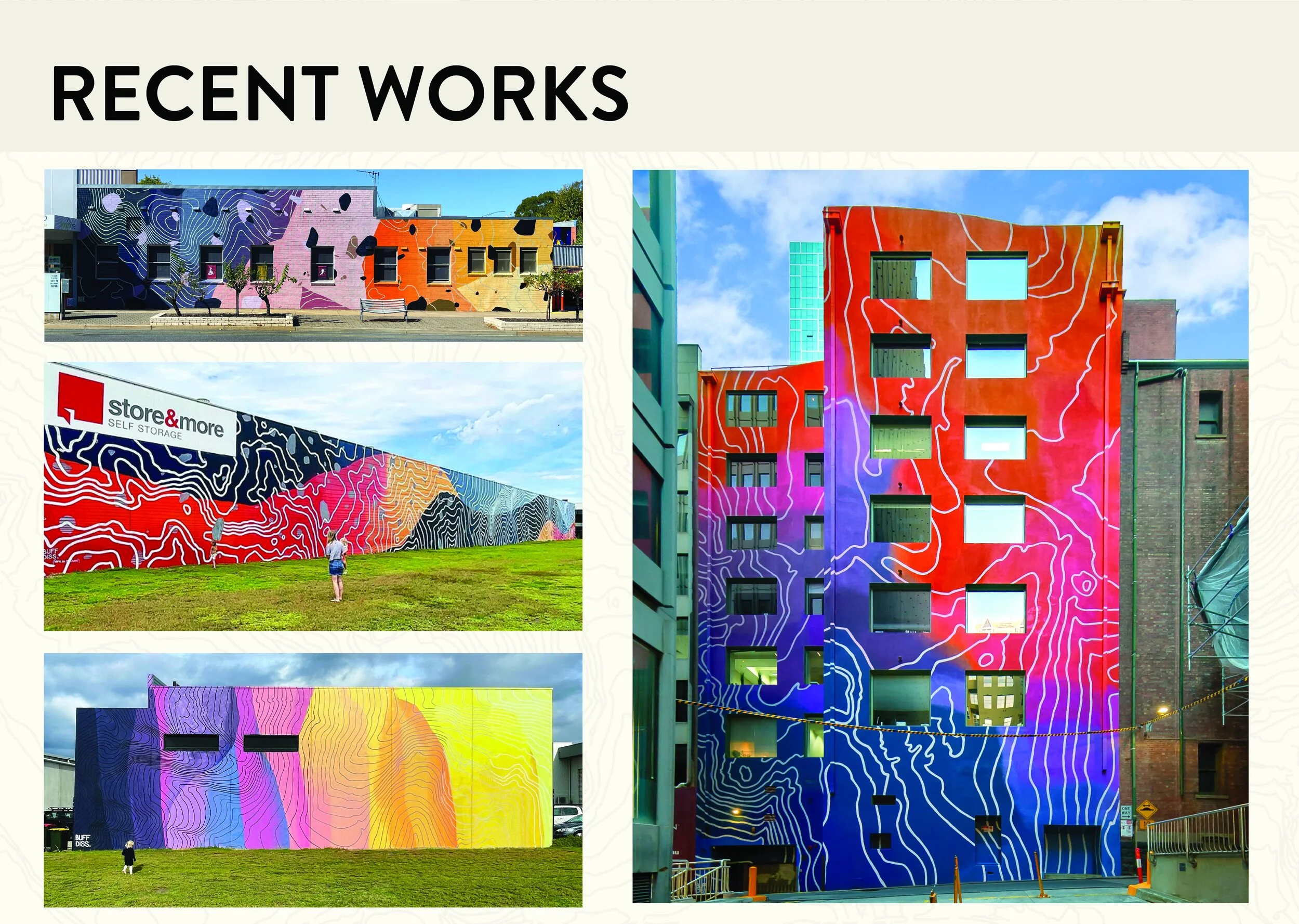 Collage of four buildings with colorful, abstract mural artwork featuring wavy line patterns in various colors, including black, pink, orange, yellow, purple, and blue.