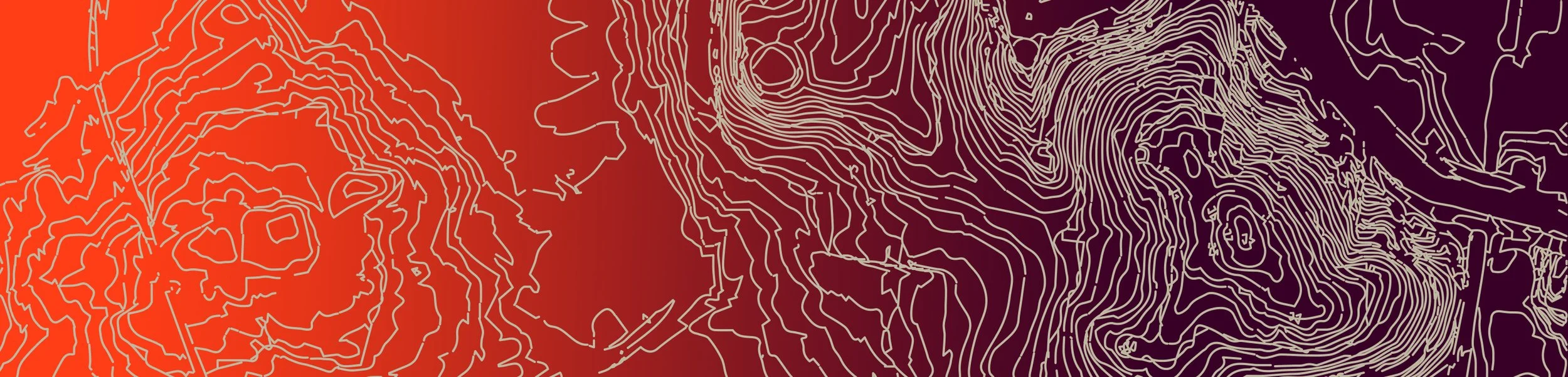 Contour map with white lines on a background that transitions from orange to dark purple.