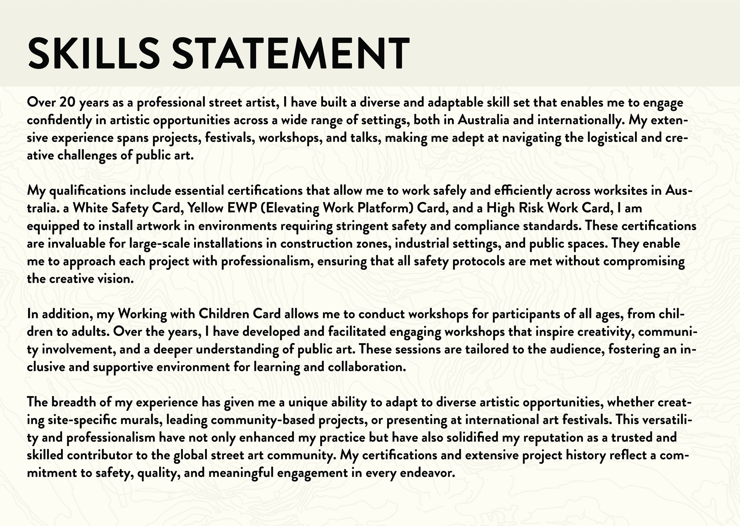 A document titled "Skills Statement" detailing an artist's experience, qualifications, certifications, and community engagement in public art and workshops.