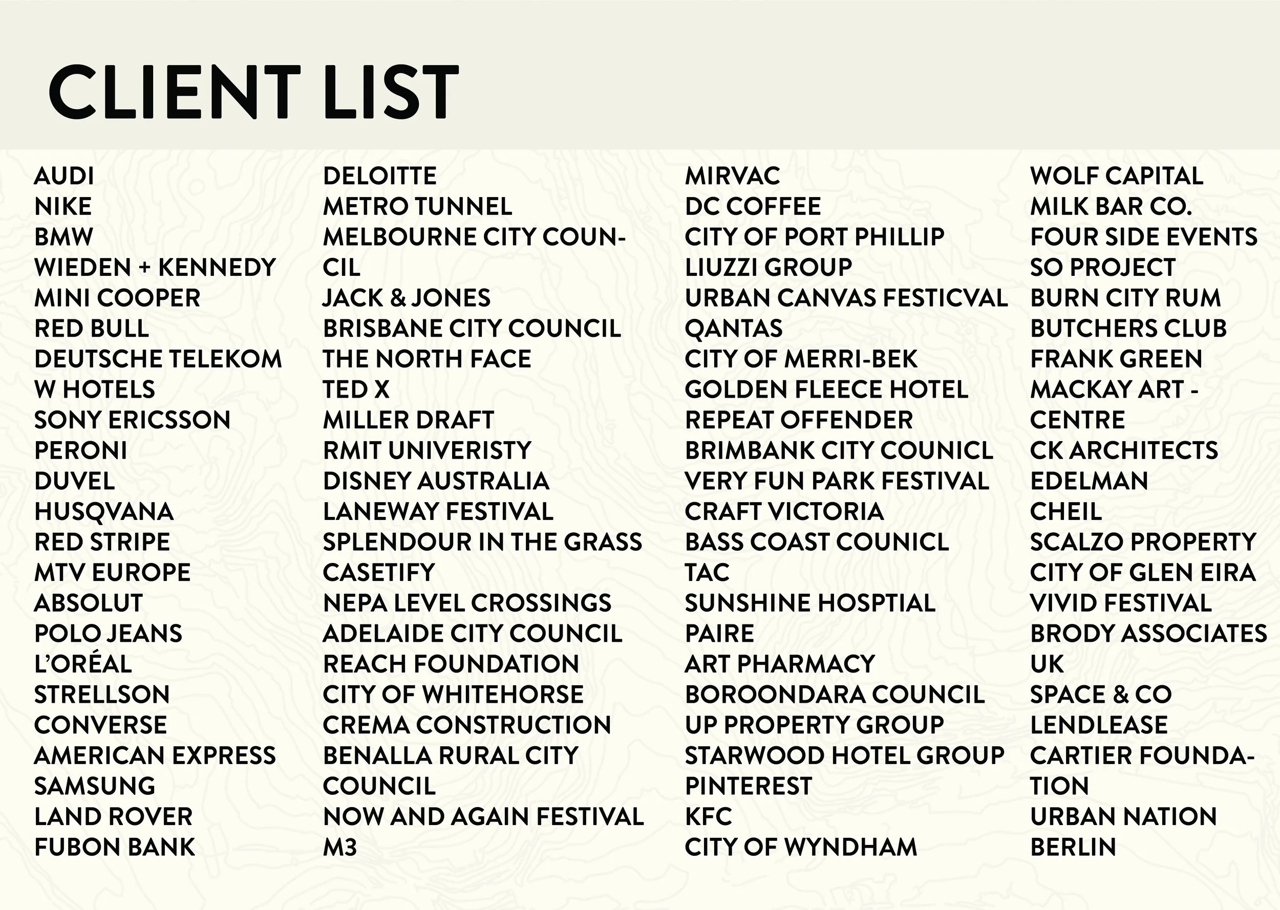 List of clients titled 'CLIENT LIST' on a light-colored background, with names organized into four columns in black text.