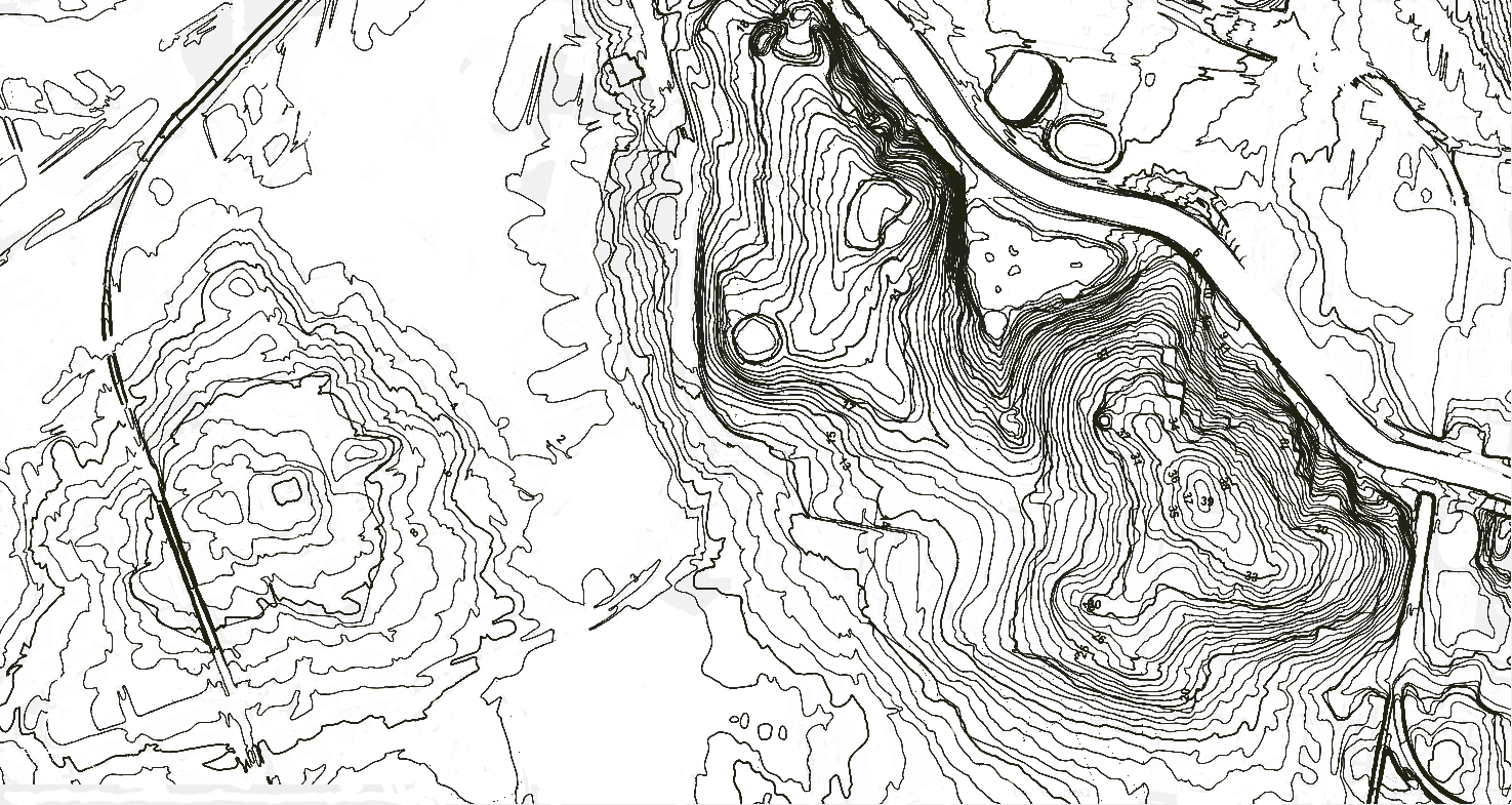 A detailed topographic map showing terrain elevation, contour lines, roads, and various land features.