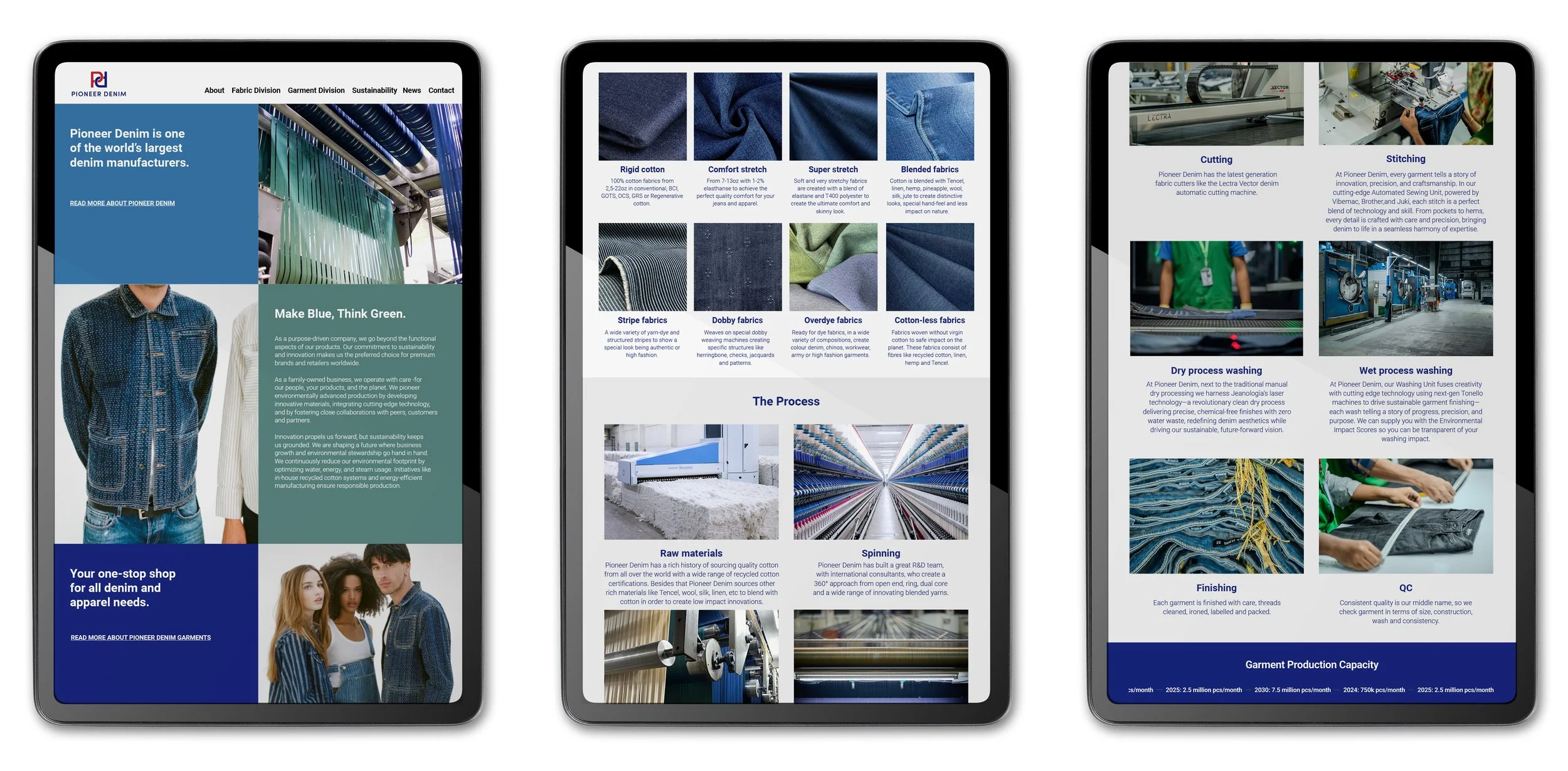 Digital brochure showcasing Pioneer Denim, with three pages about denim manufacturing process, fabric types, and company information, including images of machinery, fabric rolls, and models wearing denim clothing.