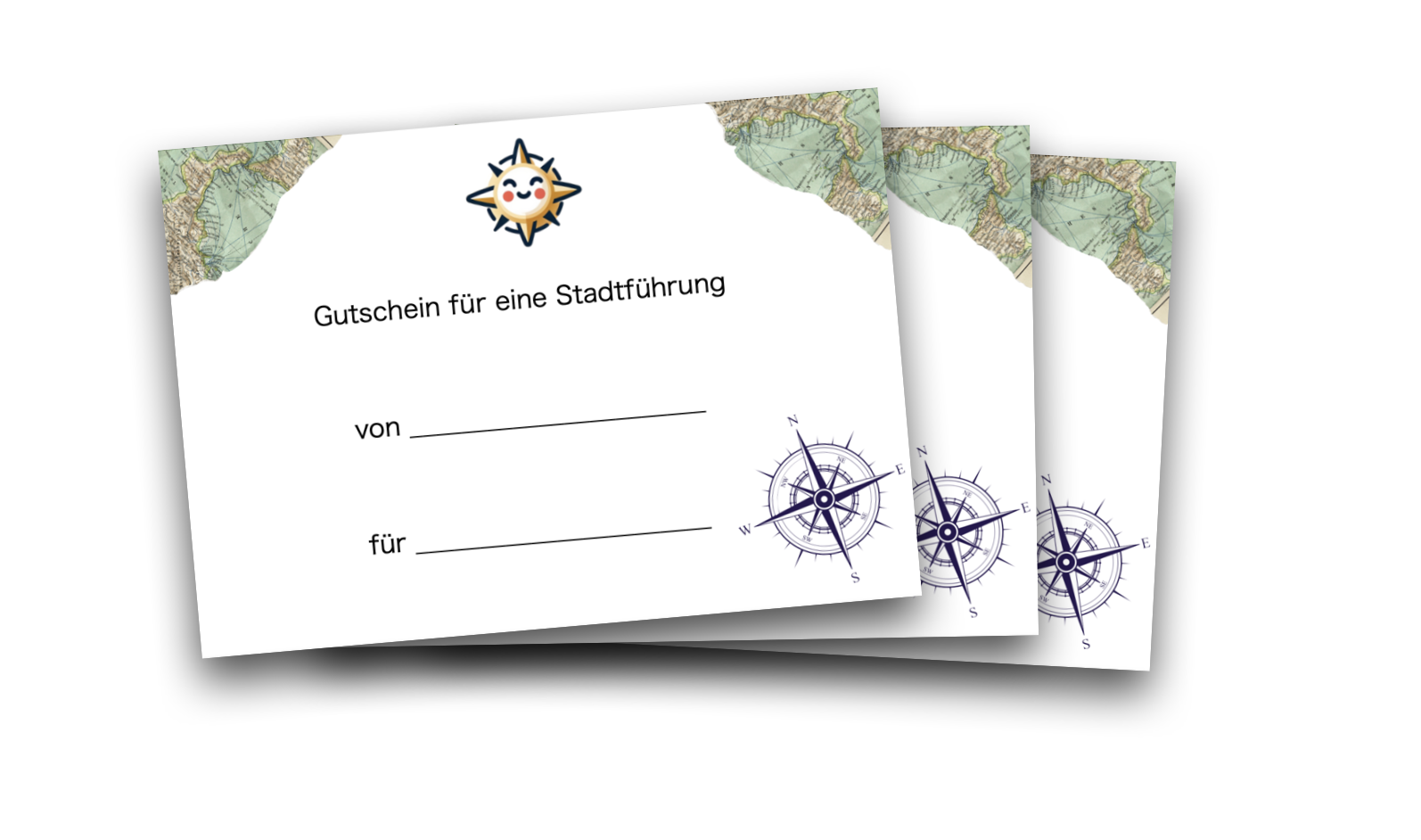 Gutschein für eine Stadtführung mit einem Kompass- und Kartenmotiv