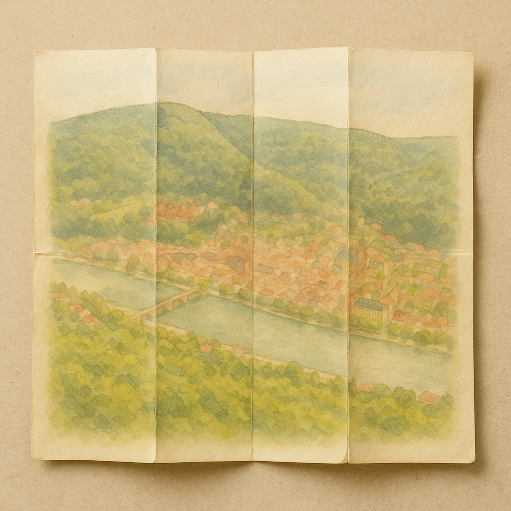 A foldable paper map depicting a landscape with green hills, a river, a bridge, and a small town with red roofs.