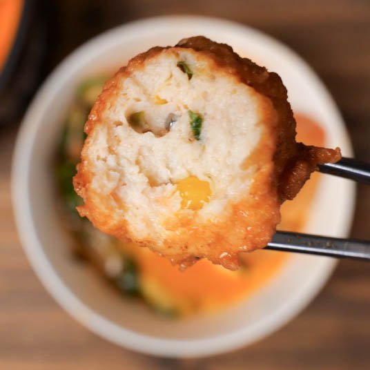 shrimp ball with bite taken out