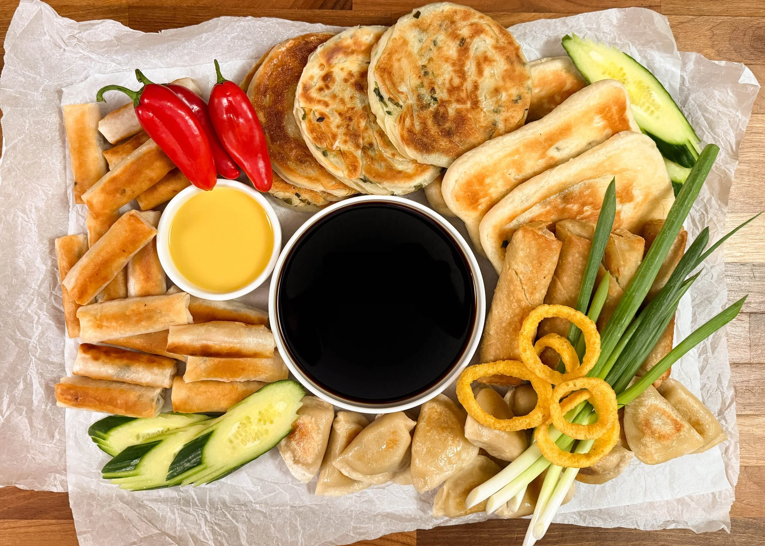 Seasoned Shoyu shown with a variety of fried foods for dipping