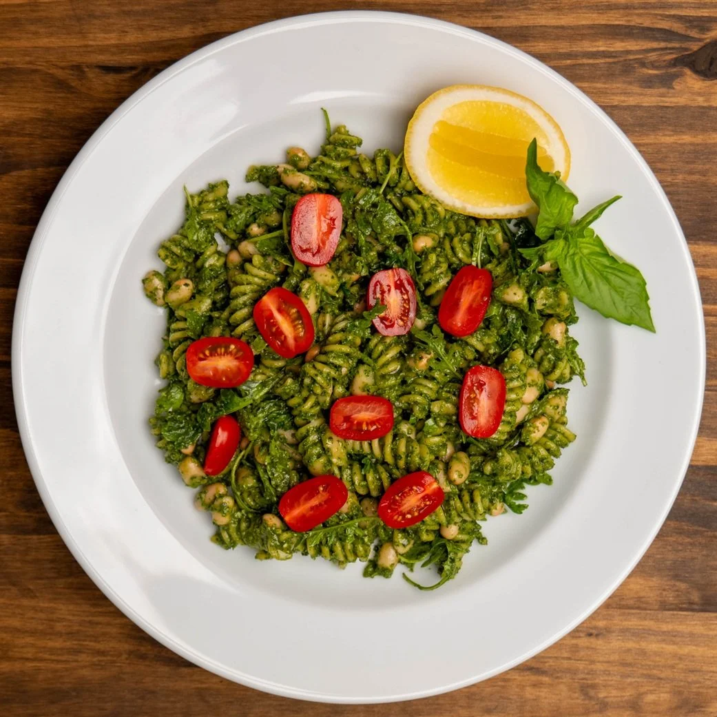 Plated pesto, beans and noodles.
