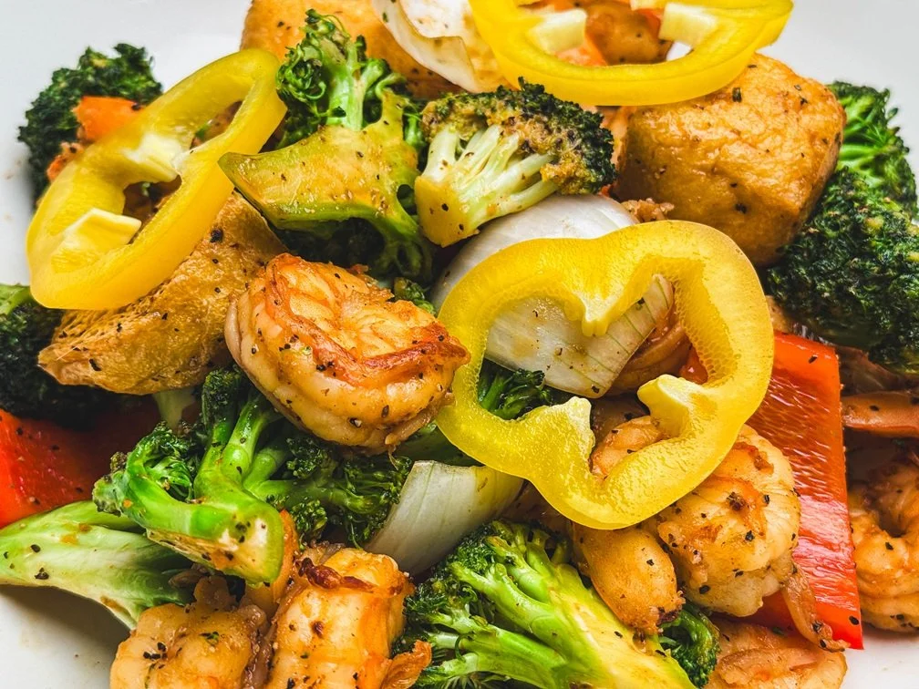 Close up of shrimp and broccoli