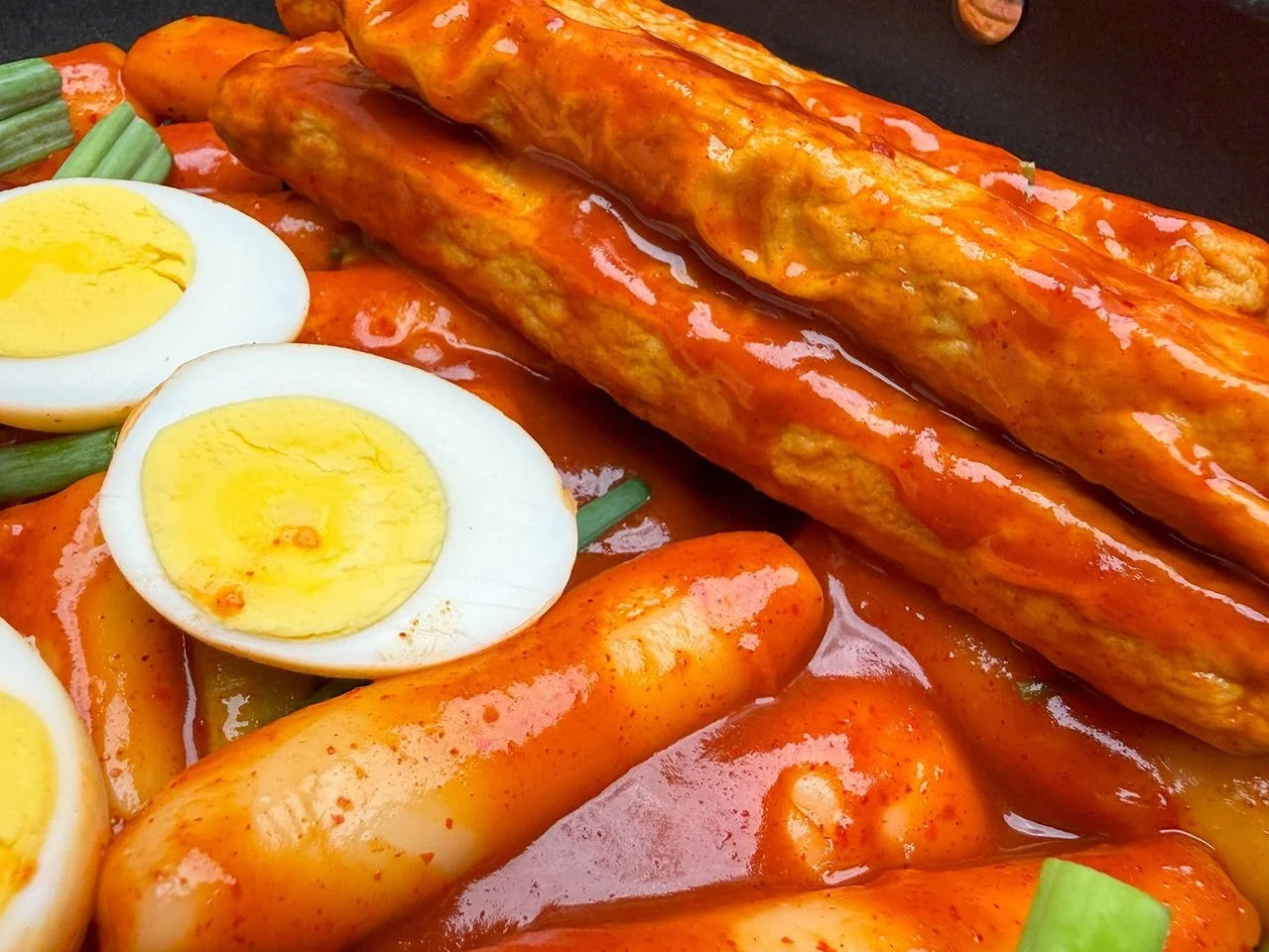 Tteokbokki detail of eggs and fishcakes