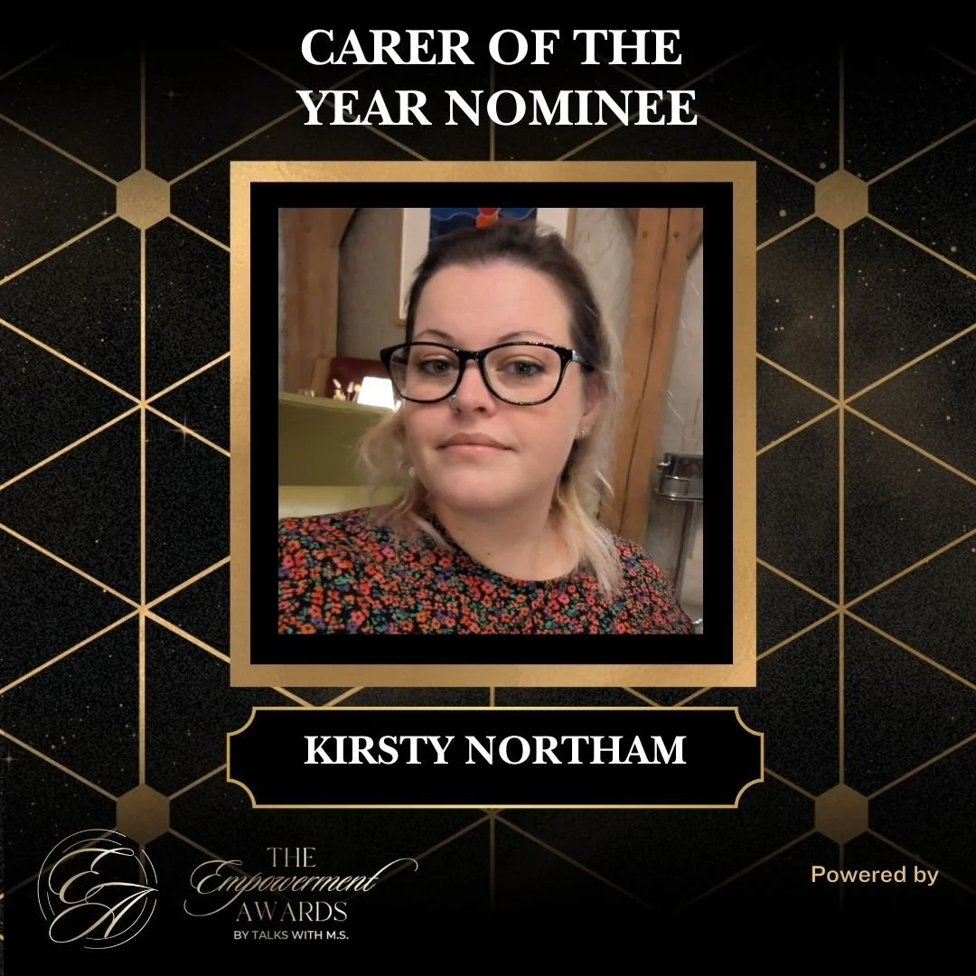 Award certificate with a photo of Kirsty Northam, recognizing her as a 'Carer of the Year' nominee, featuring gold and black geometric design and the logo for The Empowerment Awards.
