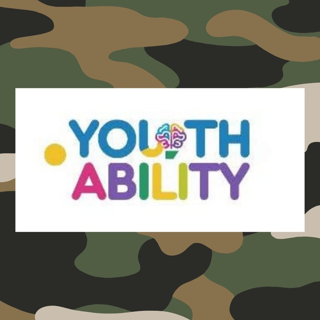 Colorful logo with the words 'Youth Ability' in various bright colors, a brain icon forming the letter 'O' in 'Youth', and a camouflage background.