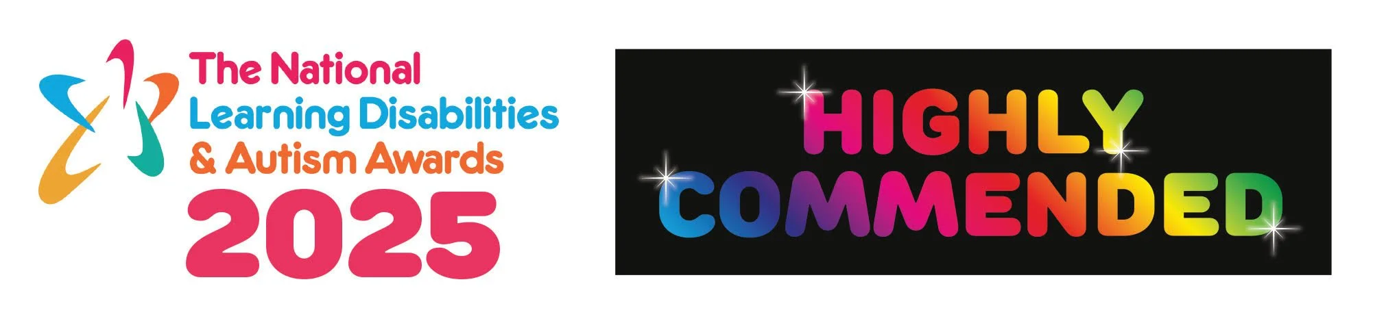 Logo for the 2025 National Learning Disabilities & Autism Awards with colorful text that says "HIGHLY COMMENDED" on a black background.