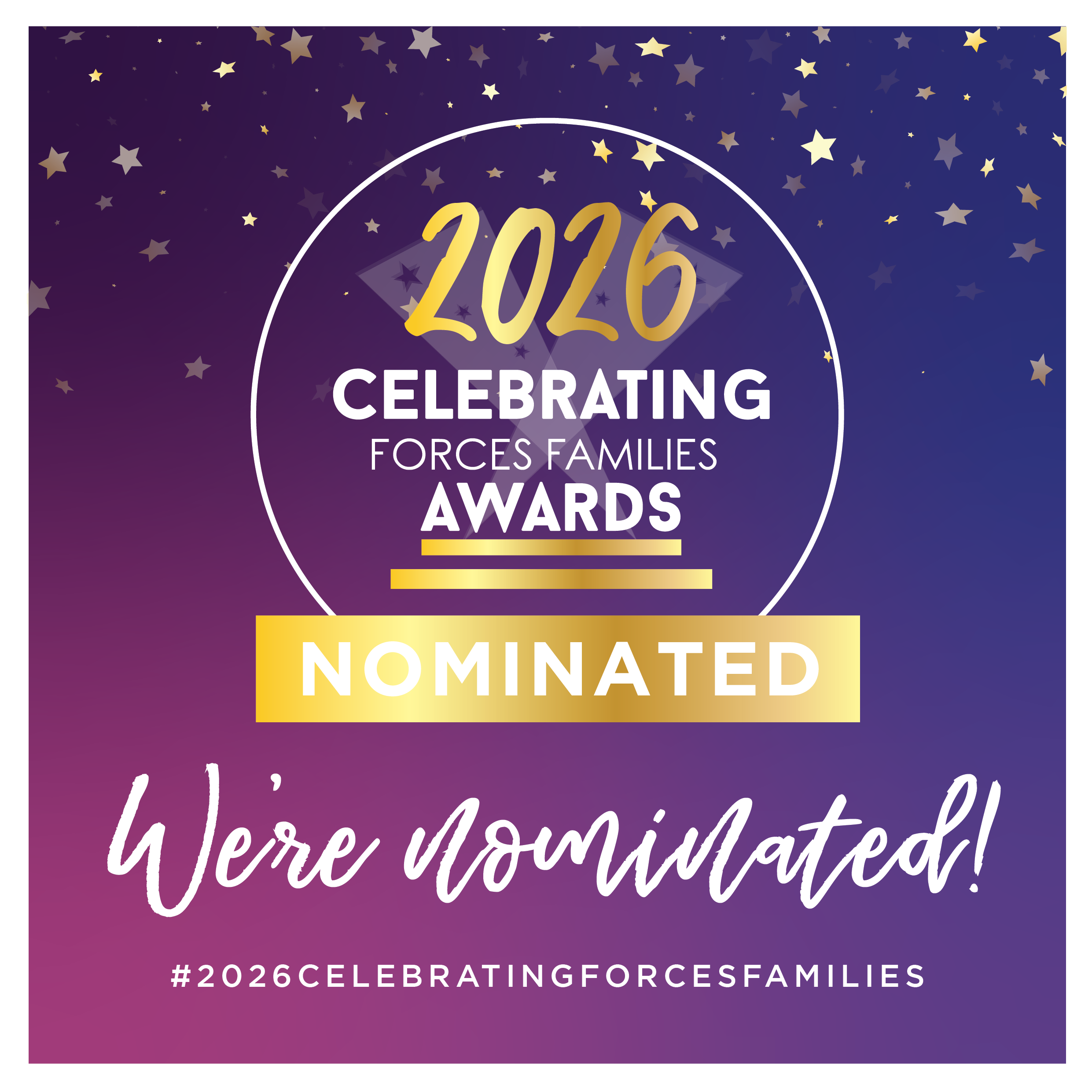 A graphic celebrating the 2026 Forces Families Awards nominations with a purple and blue background, gold and white text, and star decorations.
