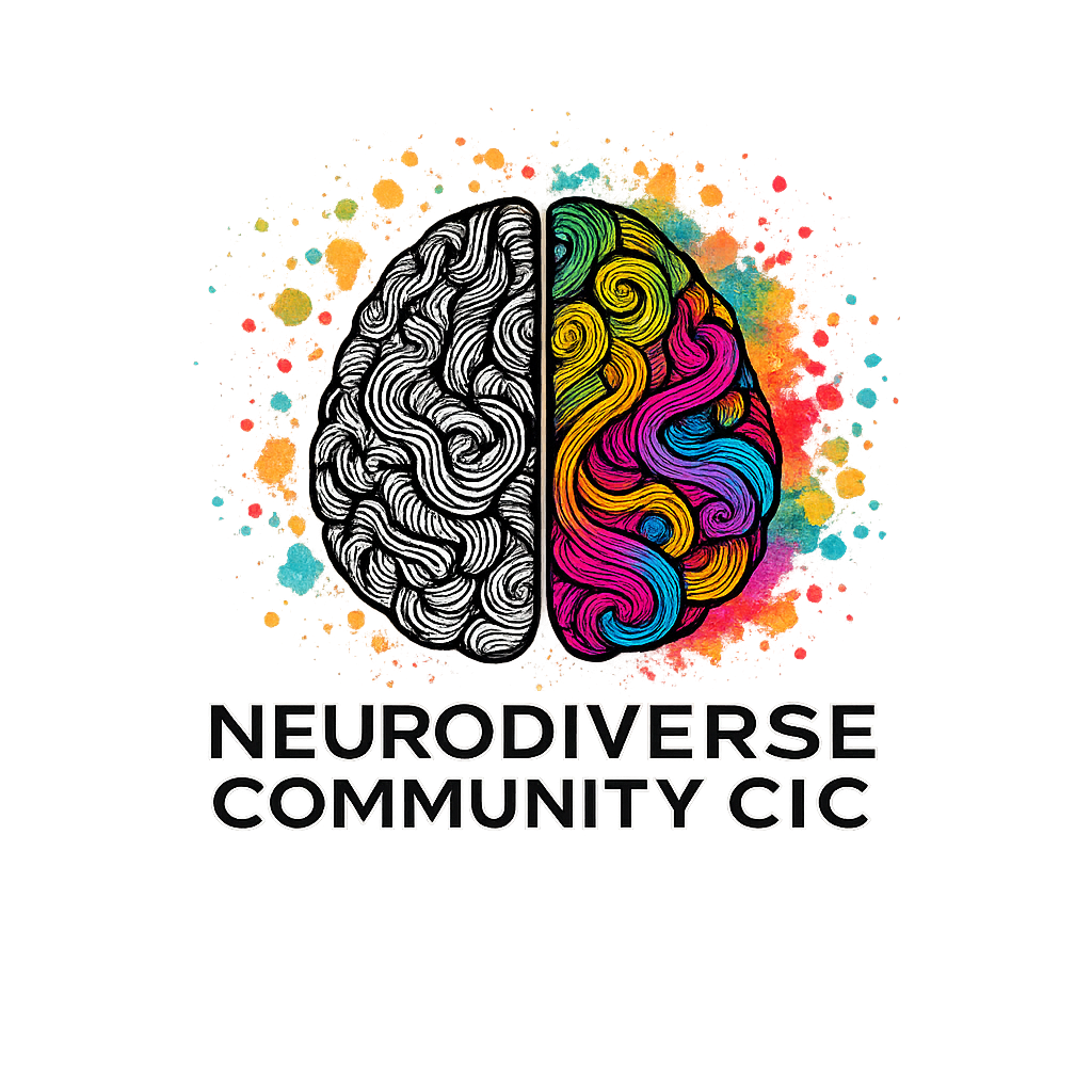 A stylized brain illustration split into two halves; the left half is black and white with intricate line patterns, and the right half is colorful with swirling patterns. The background features splashes of bright colors. Below, the text reads 'Neurodiverse Community CIC' in bold black and white letters.