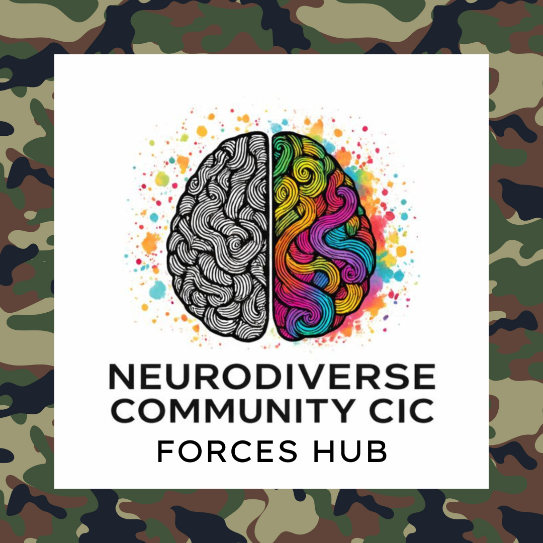 A stylized illustration of a brain, half in black and white with maze-like lines, and half colorful with swirls and splashes of paint. Below, the text reads "NEURODIVERSE COMMUNITY CIC FORCES HUB."