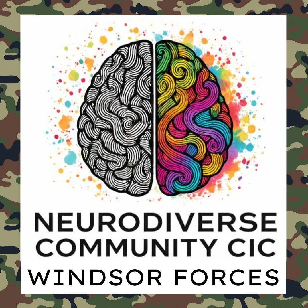 Illustration of a brain divided into two halves: the left side is black and white with intricate line patterns, and the right side is colorful with vibrant, swirling patterns. The background features colorful splashes, and text below reads "Neurodiverse Community CIC Windsor Forces."