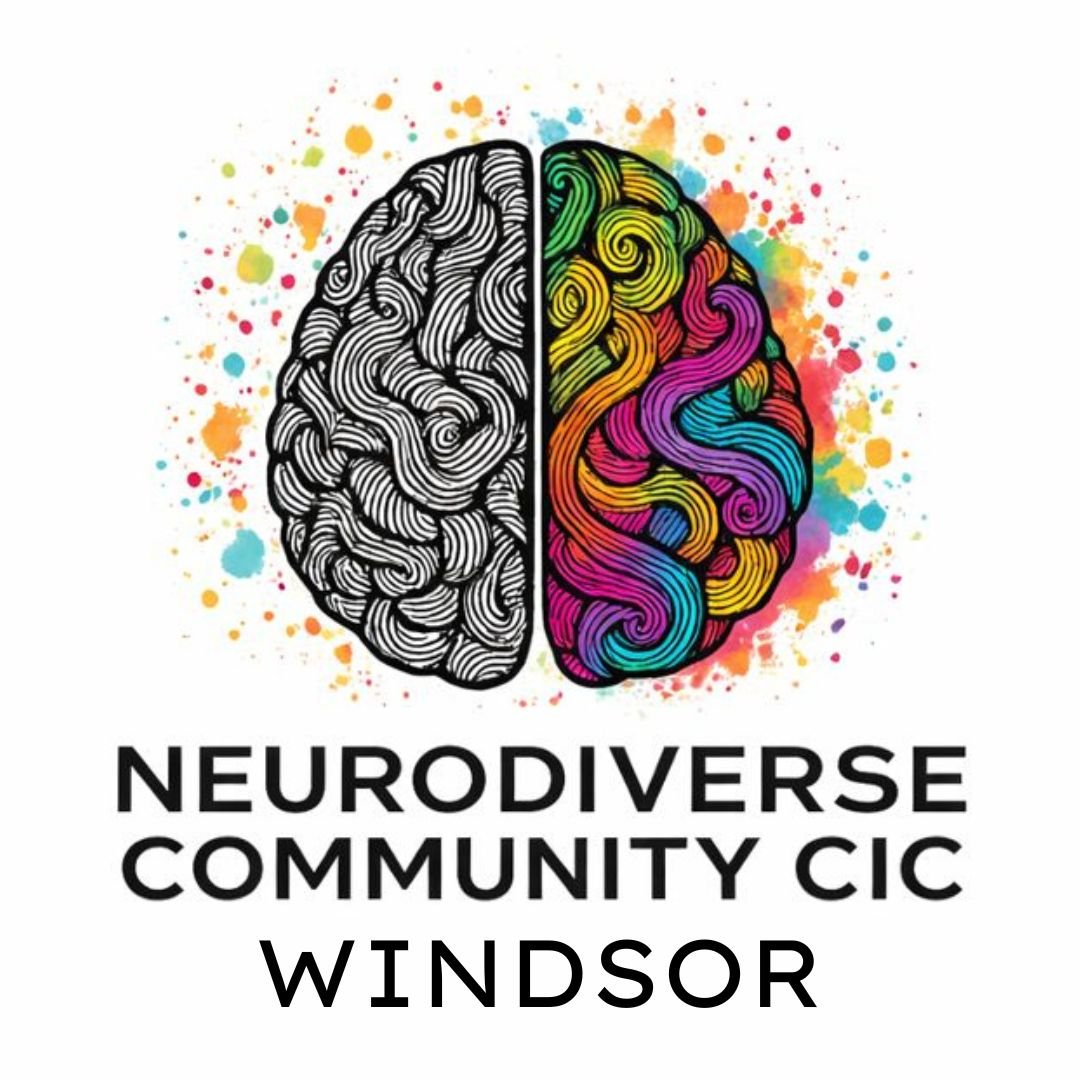 Colorful illustration of a brain split in half, with black and white lines on the left and multicolored swirls on the right, with splashes of paint background, and text that reads 'Neurodiverse Community CIC Windsor'.