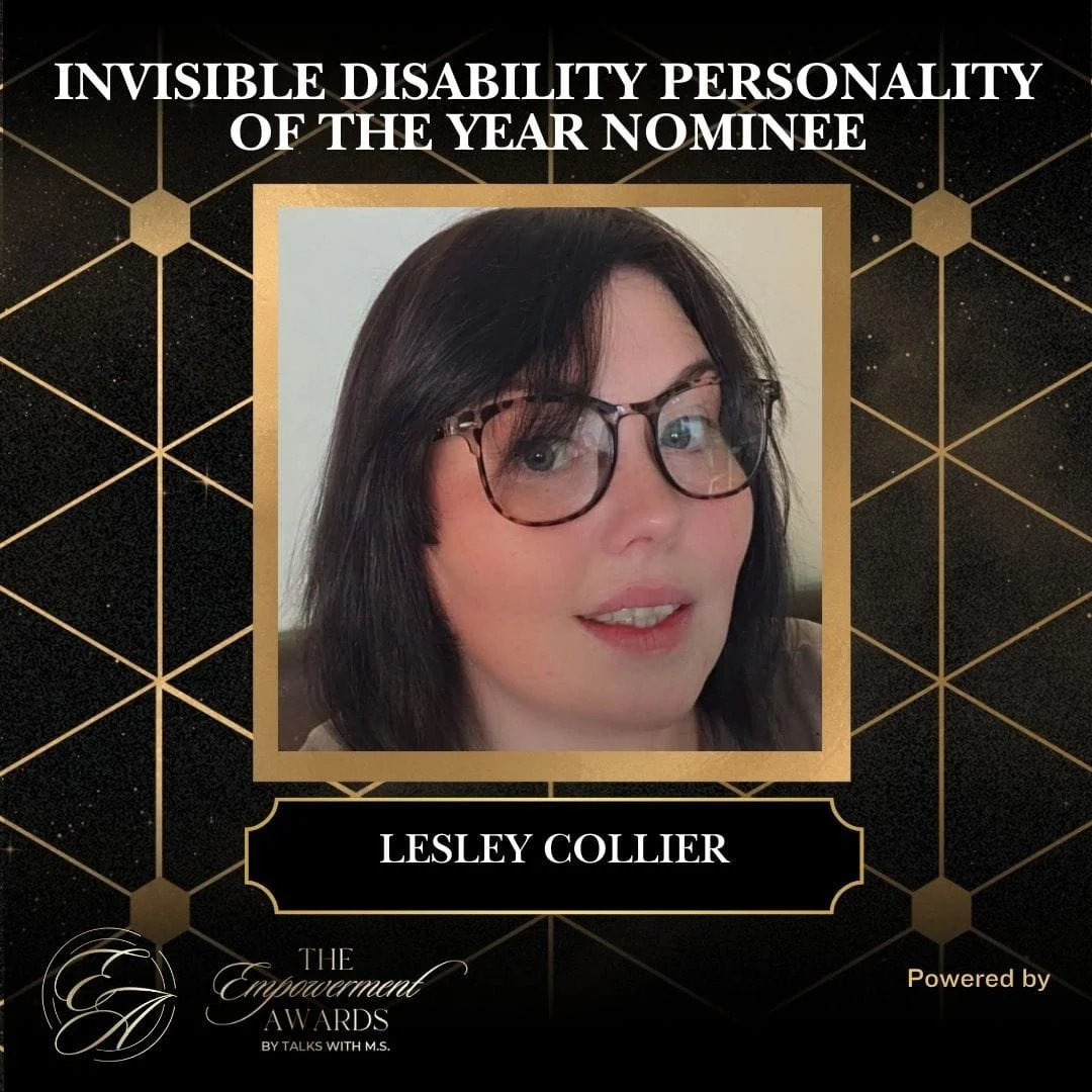 A recognition award card with a photo of Lesley Collier, titled 'Invisible Disability Personality of the Year Nominee,' featuring black background with gold geometric design, and text indicating it's part of The Empowerment Awards.