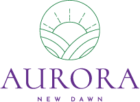 Aurora logo with a stylized sun or sunrise over mountains, and the text 'AURORA' in purple and 'NEW DAWN' below.