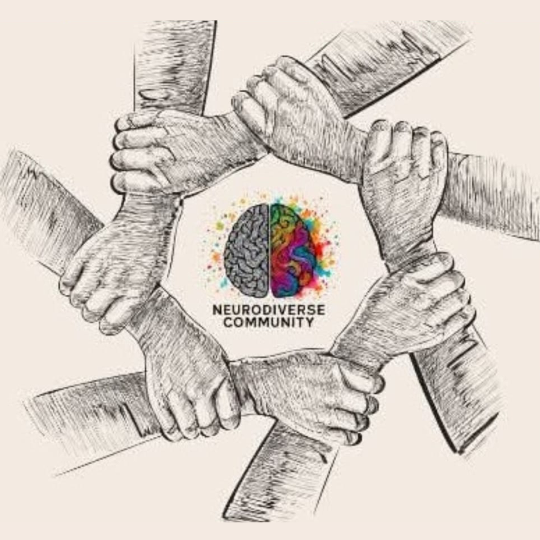 Illustration of multiple hands joined in a circle around a logo of a colorful brain with half in black and white and half with vibrant colors, labeled 'Neurodiverse Community'.