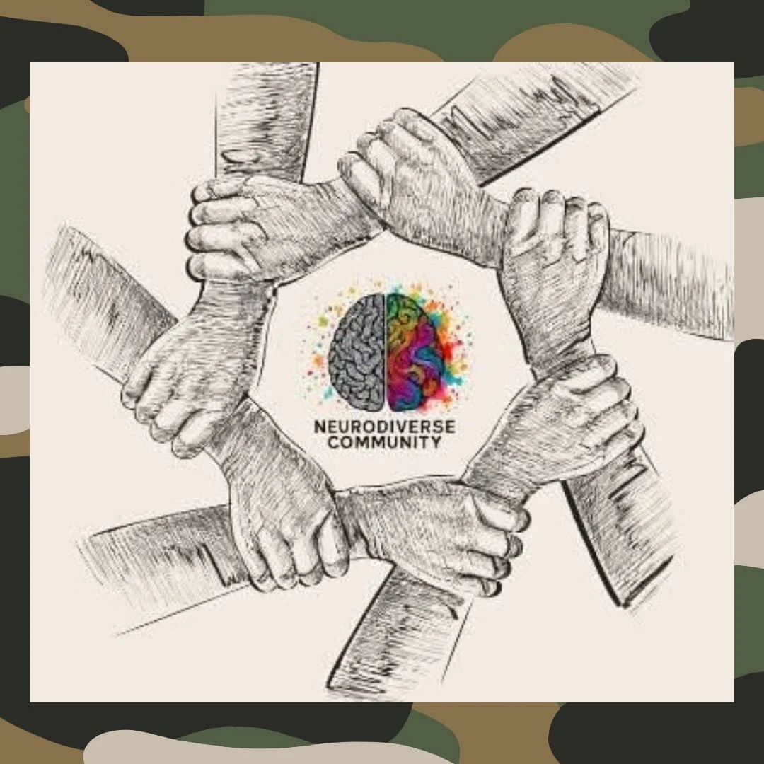 A drawing of six hands gripping each other's wrists, forming a circle around the words 'Neurodiverse Community' with an illustration of a brain, half in black and white and half in colorful, rainbow hues.