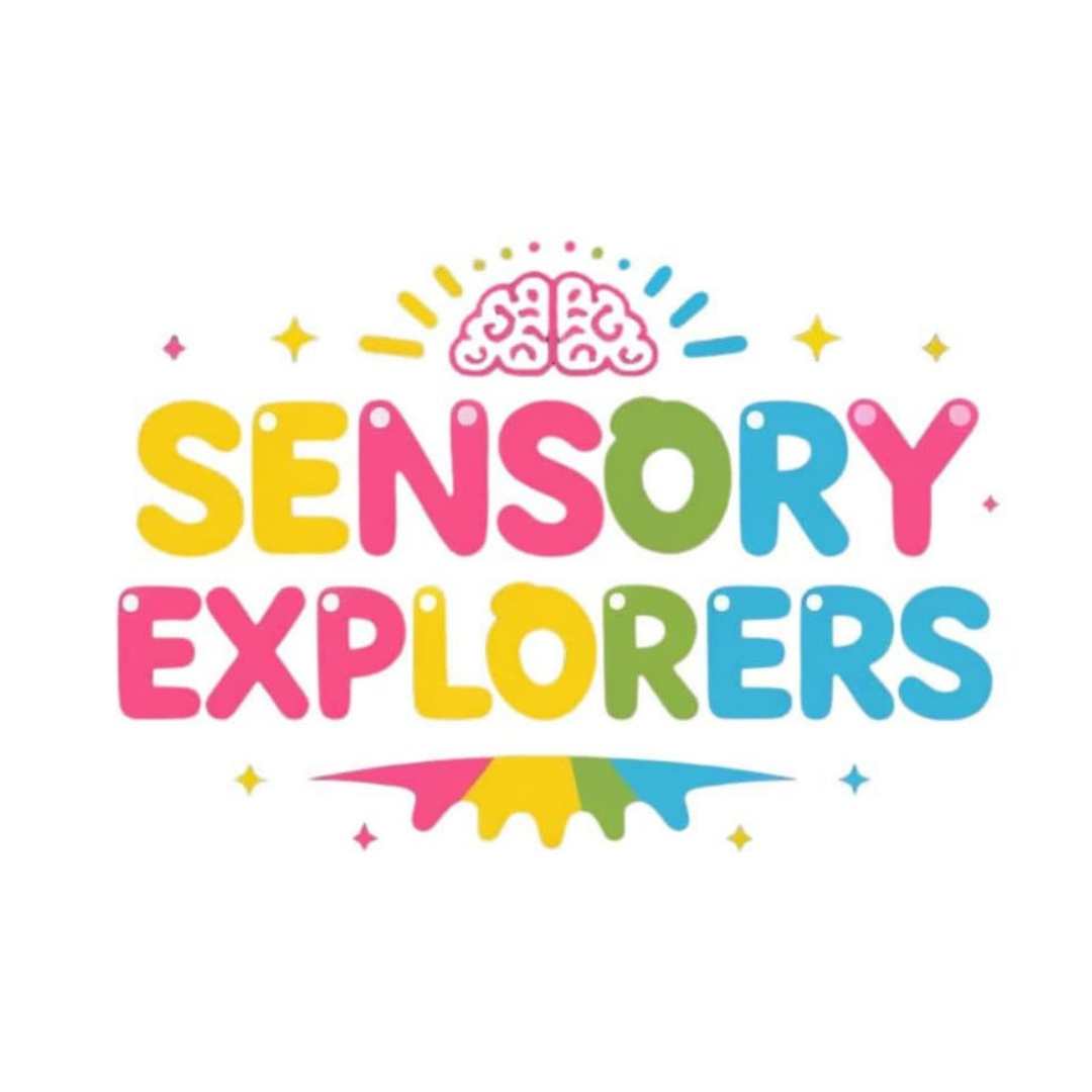 Colorful logo with the words 'Sensory Explorers' in bright, playful font, with a pink brain icon and decorative stars around it.