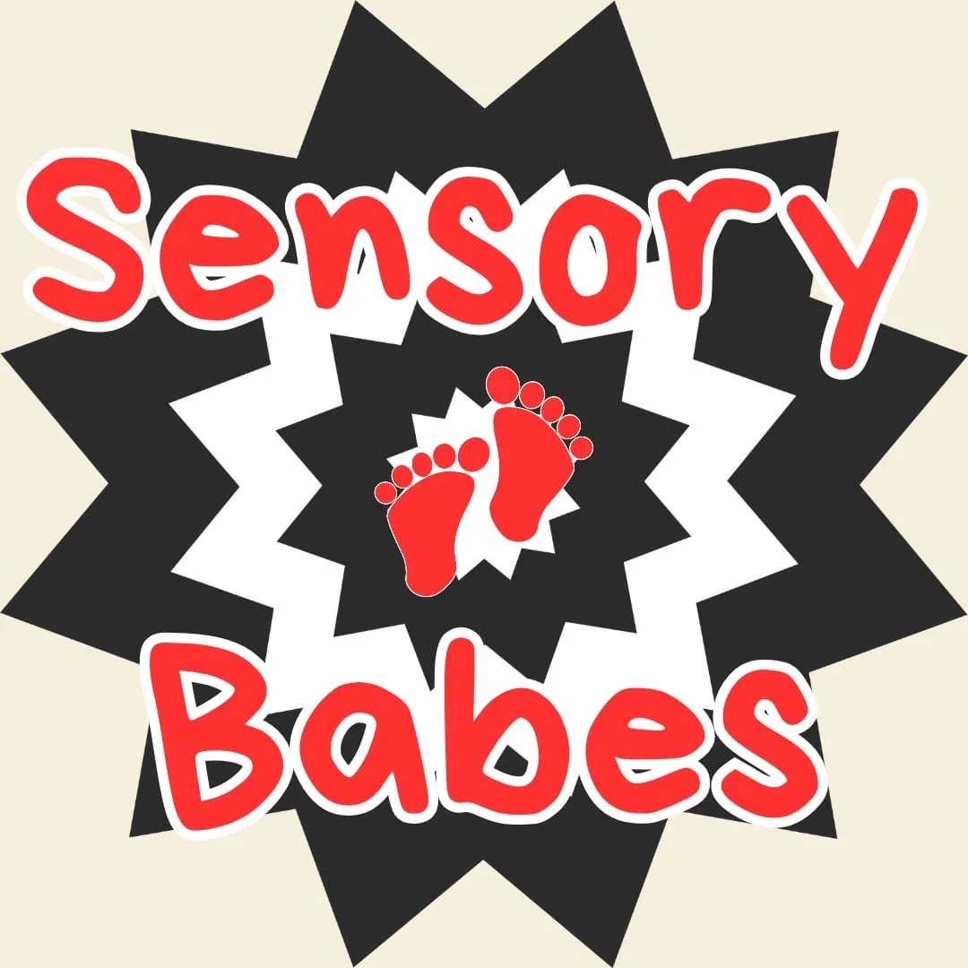 Graphic with the words "Sensory Babes" in red font, with red footprints in the center, surrounded by a jagged black and white background.