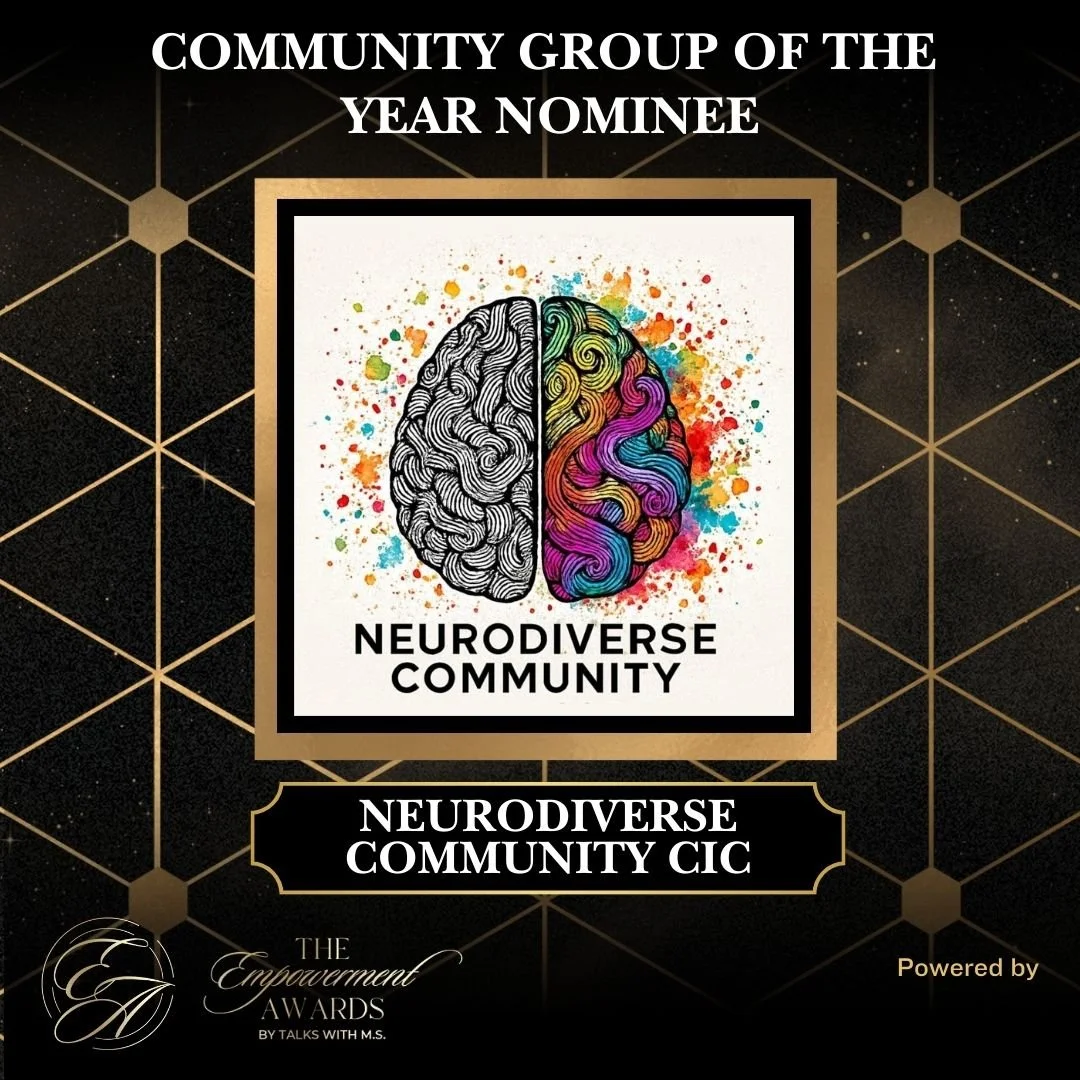 Award graphic for the Neurodiverse Community, featuring a colorful artistic brain illustration and text highlighting community recognition and empowerment.