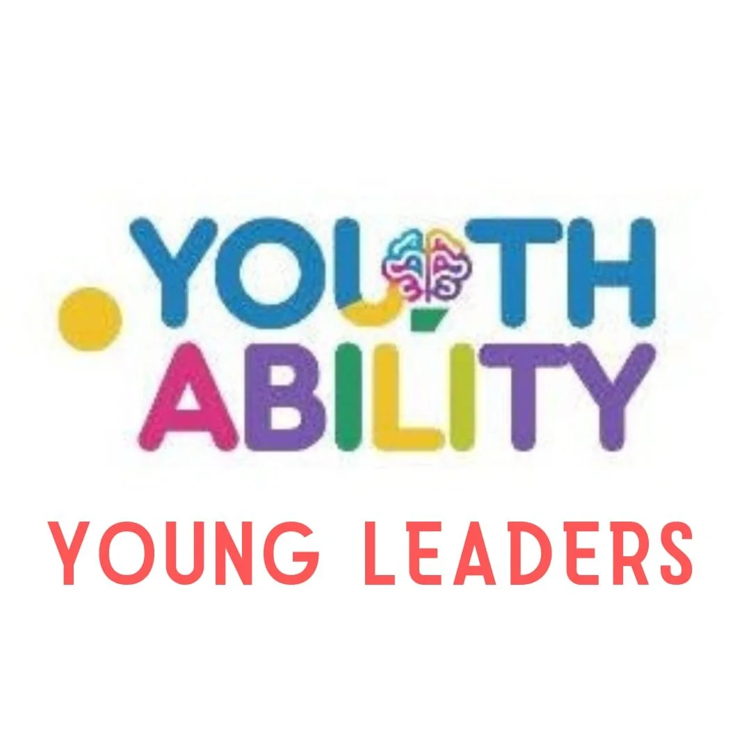 Colorful logo with the text 'YOUTH ABILITY' in large, multicolored letters and a small brain illustration replacing the 'O' in 'YOUTH', accompanied by the words 'YOUNG LEADERS' in red underneath.