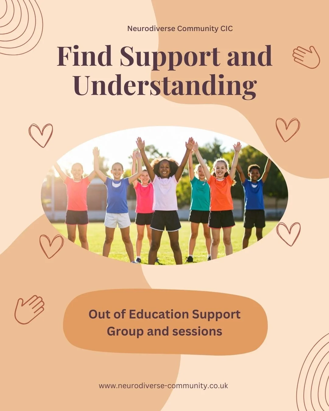 Flyer for Youthability Out of Ed Group featuring images of children, including some playing outdoors, and engaging in creative activities, with the group's logo in the center. It provides information about support sessions for young people, held outdoors on Tuesdays from 11:00 am to 1:00 pm at The Bridge, Shute Road, Catterick, Garrison, DL9 4AF, including contact email.