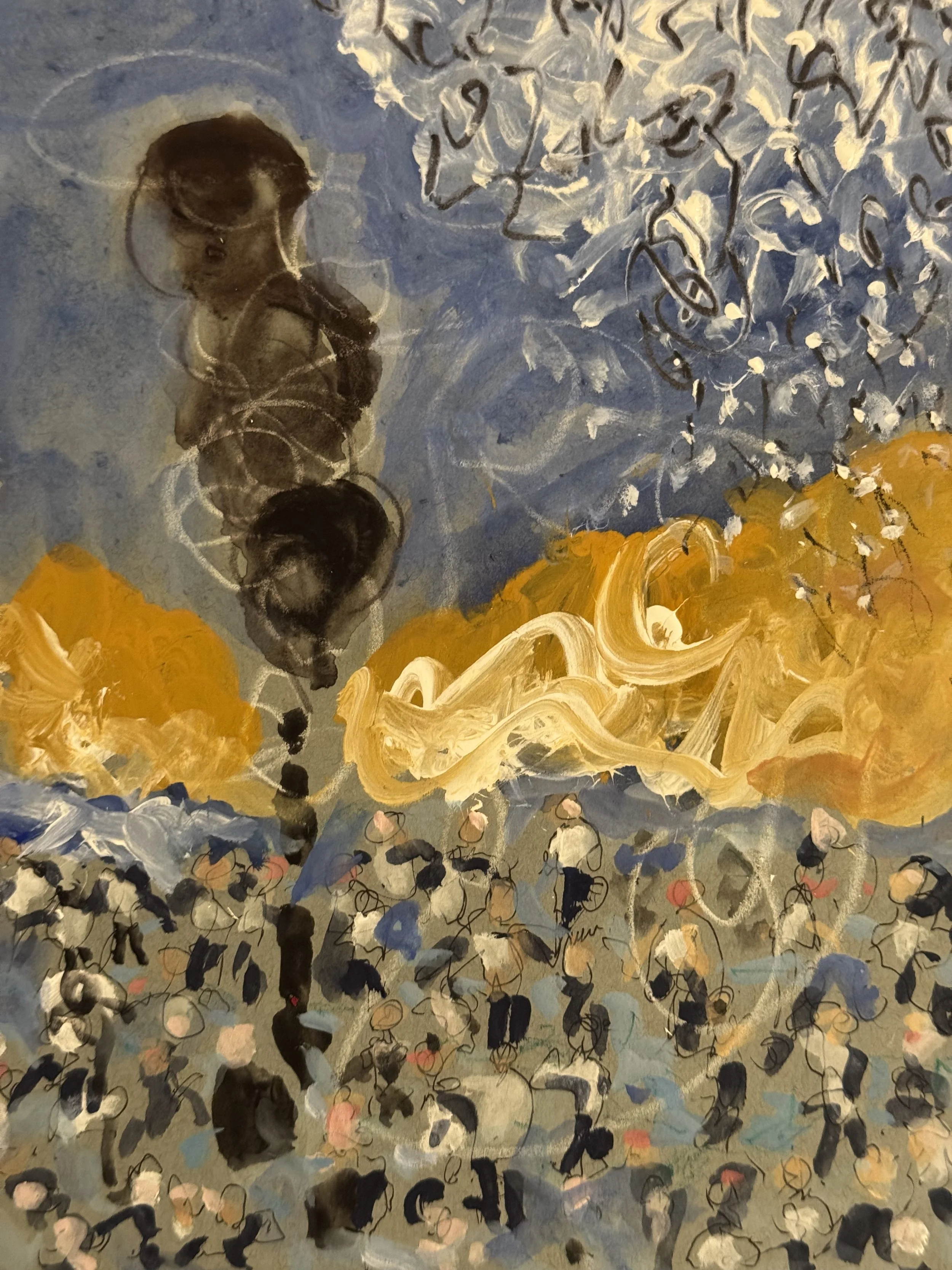 We're doing the best we can, 2025 gouache, ink and wax pencil on paper 6" x 8"