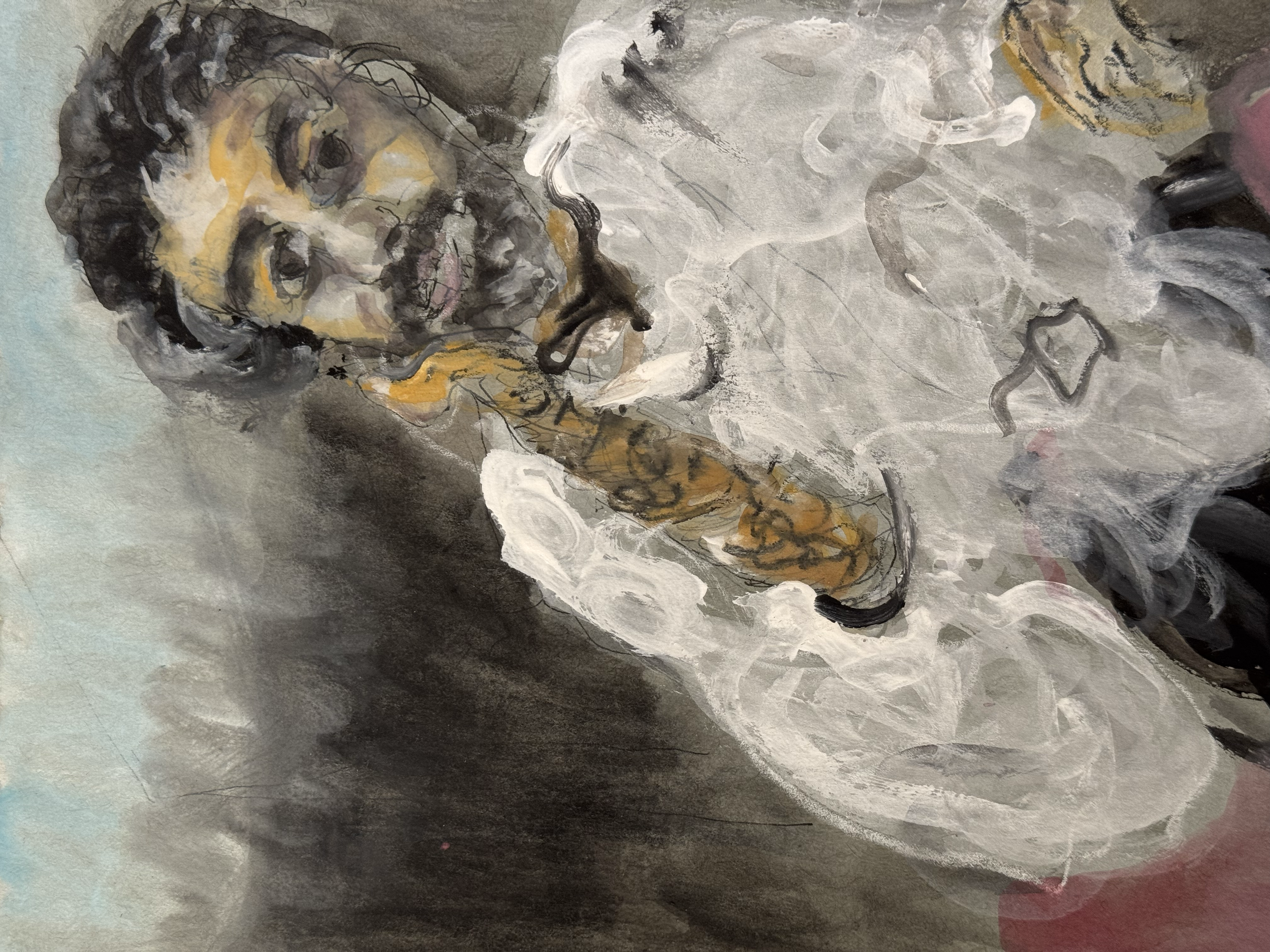 Mohsin holding rubbing 2025 Gouache on paper 6" x 8"