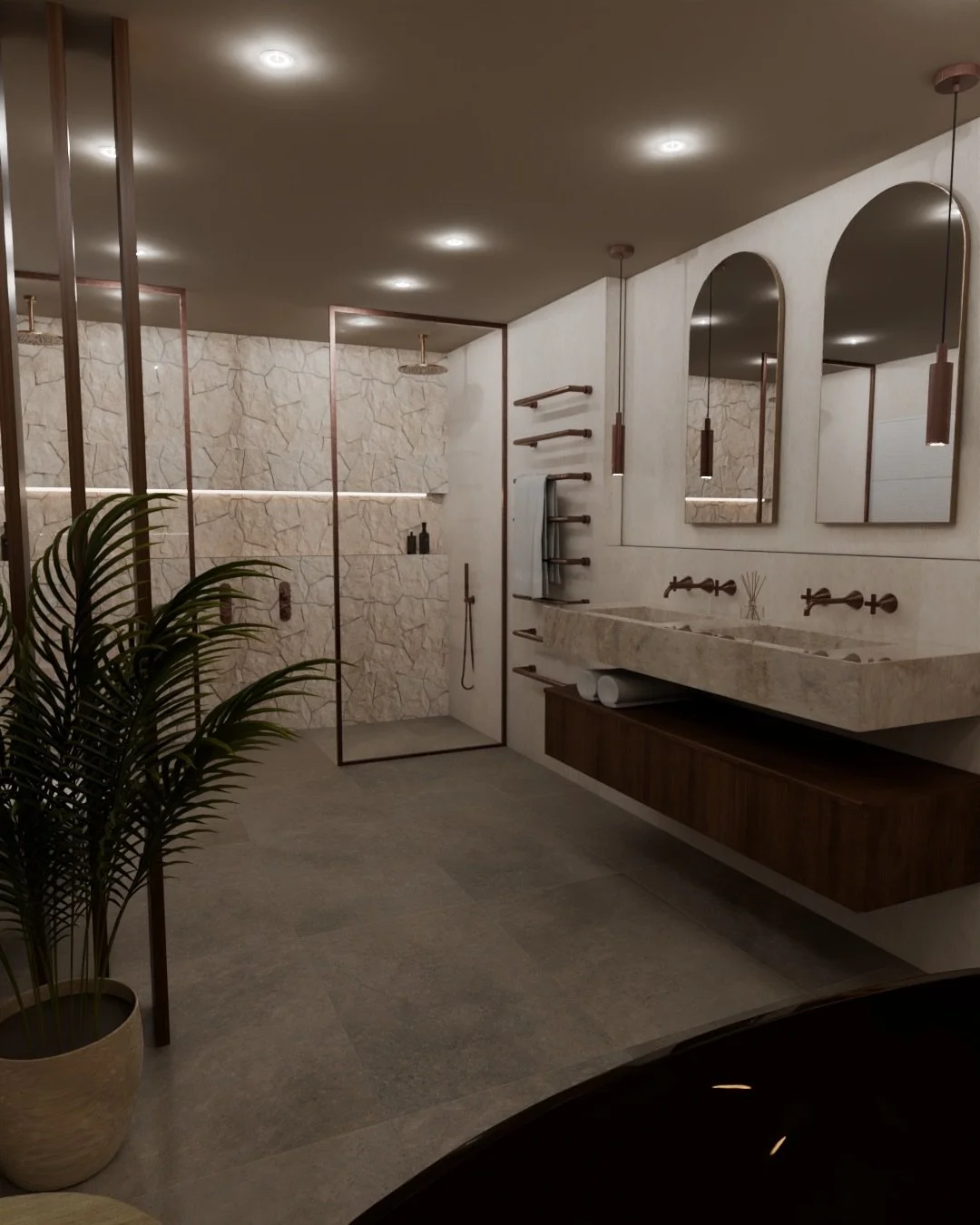 Modern Mediterranean 🤎
One of our current designs in progress. Textured limestone effect tiles, statement galaxy black bath finished with warm bronze finishes ✨

Stay tuned to watch this one come to life 💭 

#mediterranean #bronze #bathroomdesıgn #