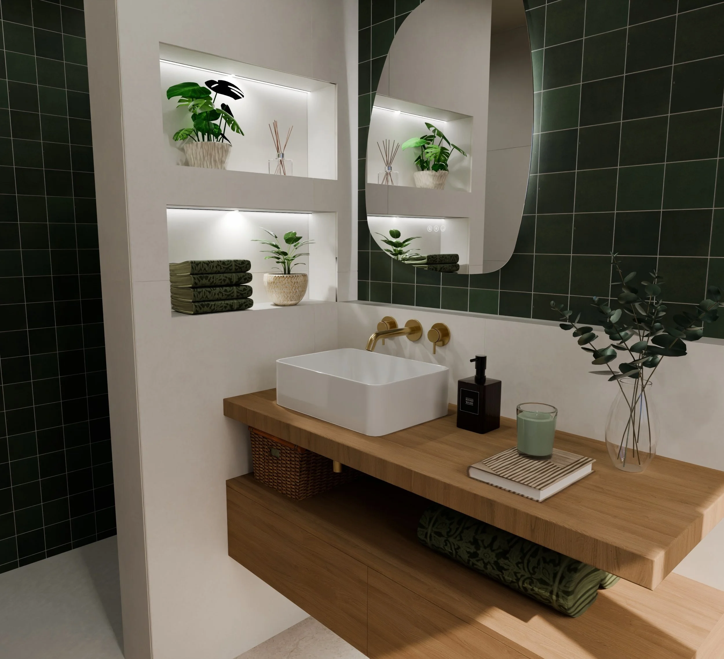Drawing inspiration from nature, this bathroom combines deep green tones, warm oak textures and brushed brass detailing to create a relaxing retreat. 🌿💭

The Forest tiles add depth and character to the space, while Perola porcelain tiles keep the r