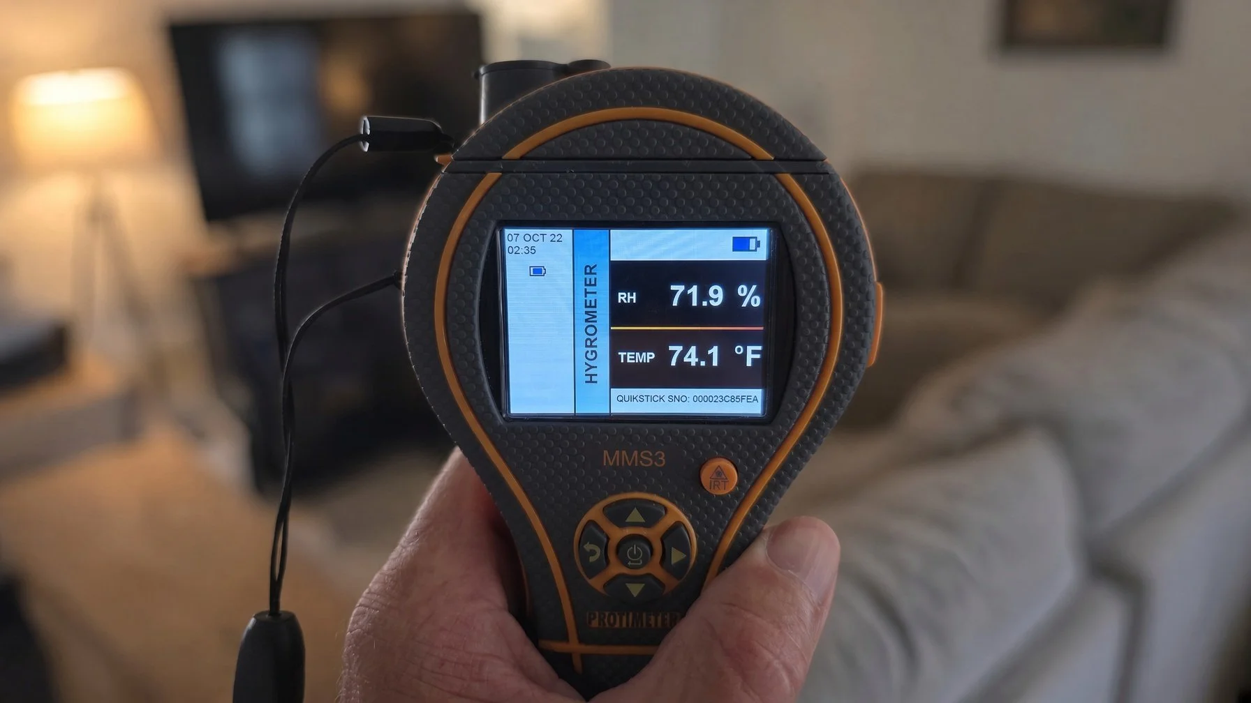 Hygrometer readings during a home inspection in Navarre, FL