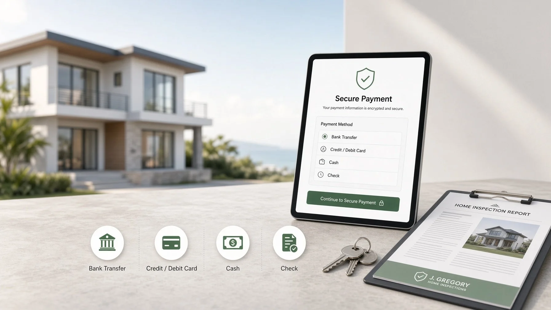 Secure payment options for home inspection services including card, bank transfer, cash, and check