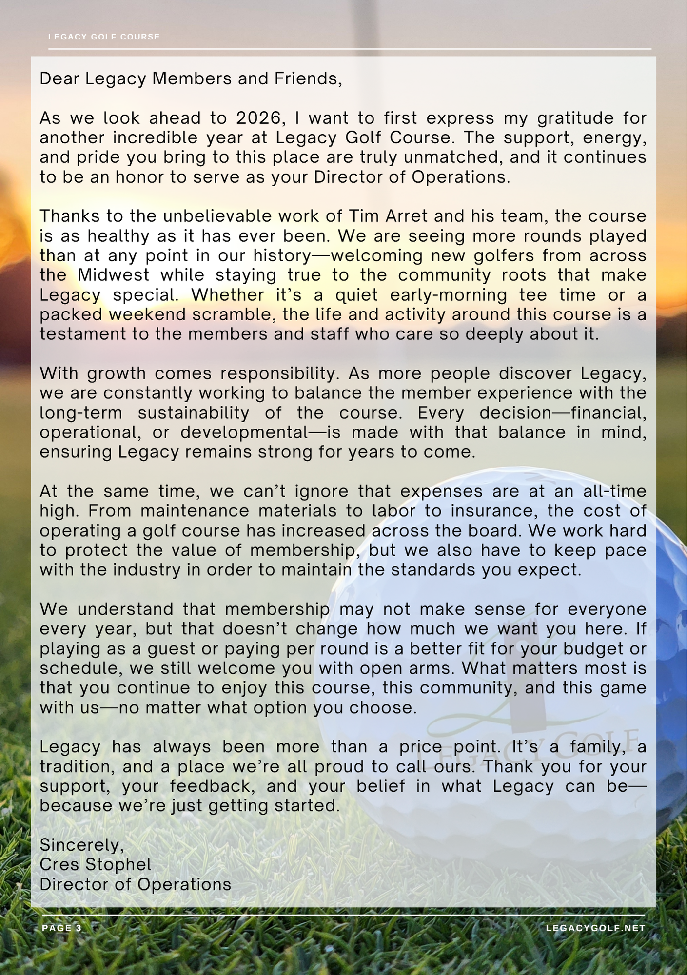 Letter from the Director of Operations at Legacy Golf Course expressing gratitude, discussing course growth, community involvement, and sustainability efforts, over a background featuring a golf course with a sunset.